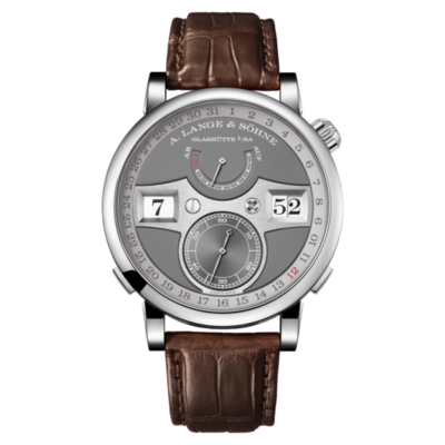A. LANGE & SOHNE Zeitwerk Solid Silver Grey Dial Leather Strap Watch 148.038