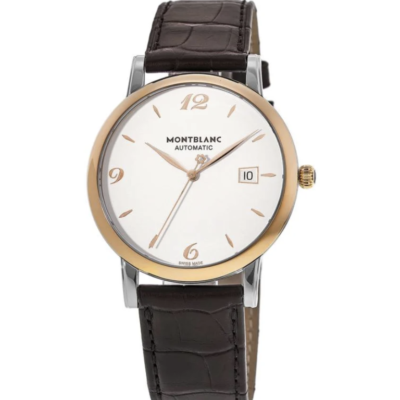 Elite Watches MONTBLANC Star Classique Automatic Gold Bezel Silver Dial Leather Strap Watch 112145