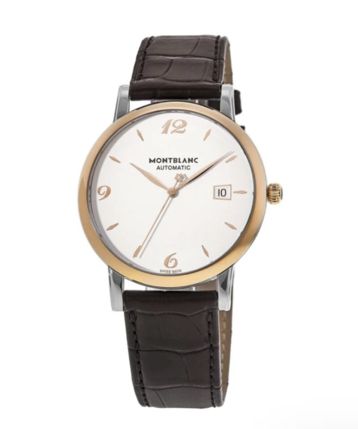 Elite Watches MONTBLANC Star Classique Automatic Gold Bezel Silver Dial Leather Strap Watch 112145